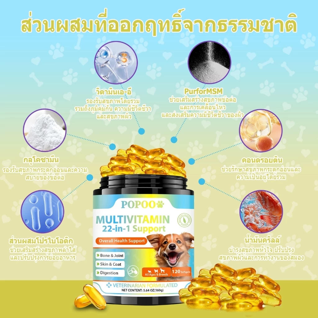 Popoo Multivitamins for Dogs วิตามินหมา อาหารสุนัข บำรุงสะโพกและข้อ ผิวหนังและขน การทำงานของลำไส้ ขนมสุนัข 120 แคปซูล thumbnail 7