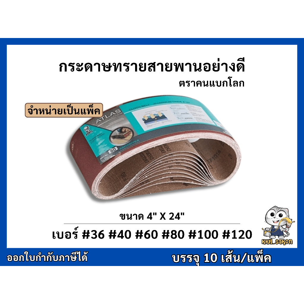 ATLAS 147 กระดาษทรายสายพานอย่างดี กระดาษทรายเครื่อง กระดาษทรายรถถัง แพ็ค ตราคนแบกโลก 4"X24"  #36 #40 #60 #80 #100 #120