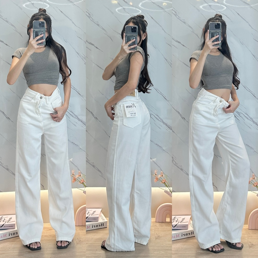 white basic jeans ป้าย Chana B335 ทรงกระบอกเบสิค  กางเกงยีนส์สีขาวเอวสูง ผ้าไม่ยืด
