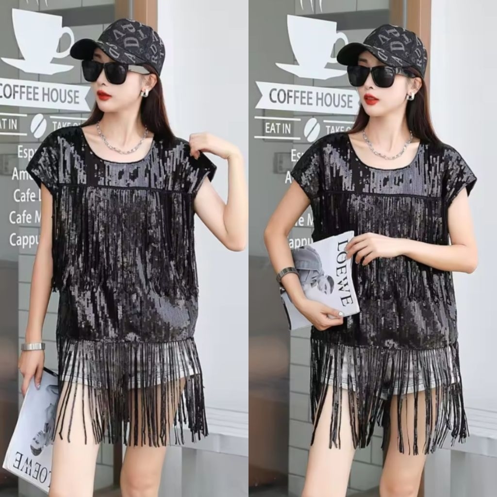 เสื้อปักเลื่อมสีดำแขนล้ำ เสื้อกลิตเตอร์วิ้งๆเเต่งพู่ฟรุ้งฟริ้ง (สินค้าในไทย🇨🇷)