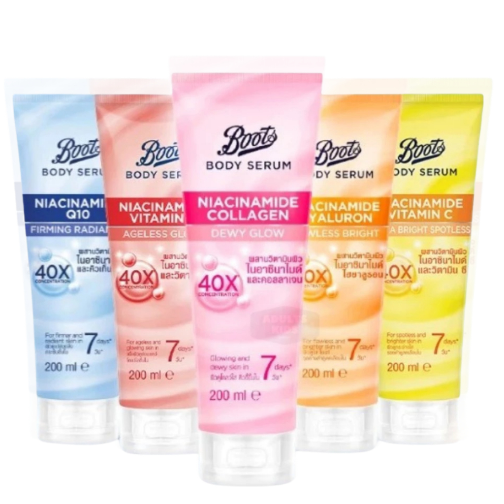 Boots บู๊ทส์ Body Serum บอดี้ ซีรั่ม Niacinamide Pro-retinol bodylotion ขนาด 200 ml. (  บอดี้ โลชั่น เลือกสูตรด้านใน )