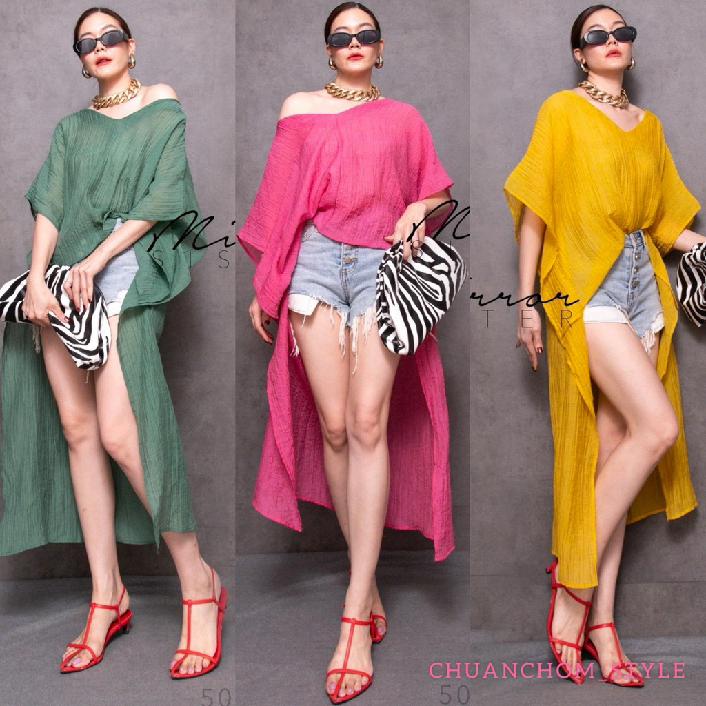 🔖Mirrorsister 50224.1 เสื้อดีไซน์เก๋ สีสันสดใส คอวีแขนทรงค้างคาว ด้านหน้าสั้นด้านหลังยาว เนื้อผ้าบาง