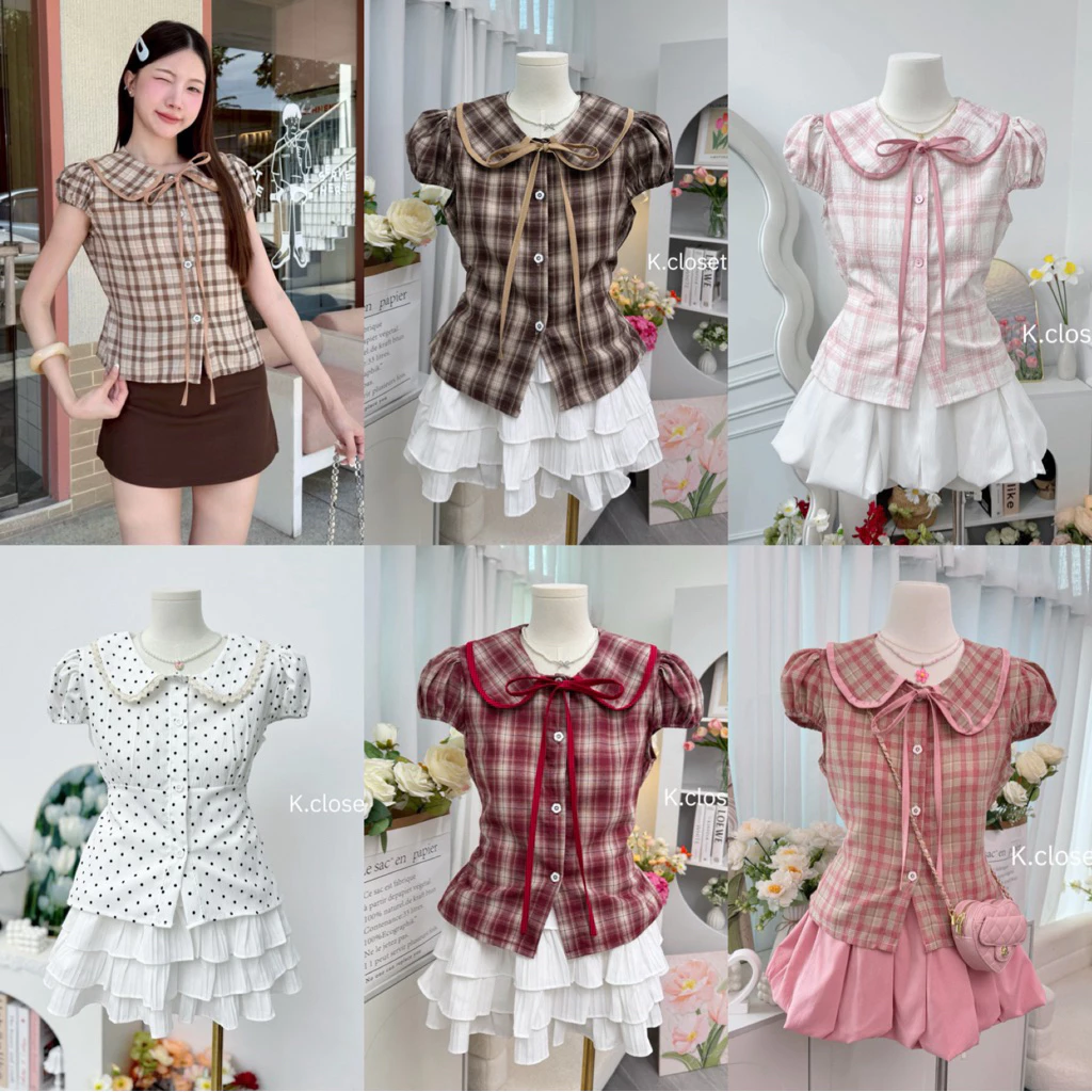 (มีถึงอก40 กด Size2 )เสื้อคอบัวลายจุด เสื้อคอบัว Polka Dot เสื้อคอบัวลายสก็อต💗เสื้อคอบัวสาวอวบ เสื้อผ้าผู้หญิง