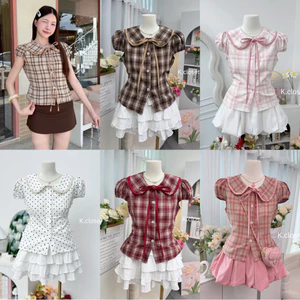 (มีถึงอก40 กด Size2 )เสื้อคอบัวลายจุด เสื้อคอบัว Polka Dot เสื้อคอบัวลายสก็อต💗เสื้อคอบัวสาวอวบ เสื้อผ้าผู้หญิง