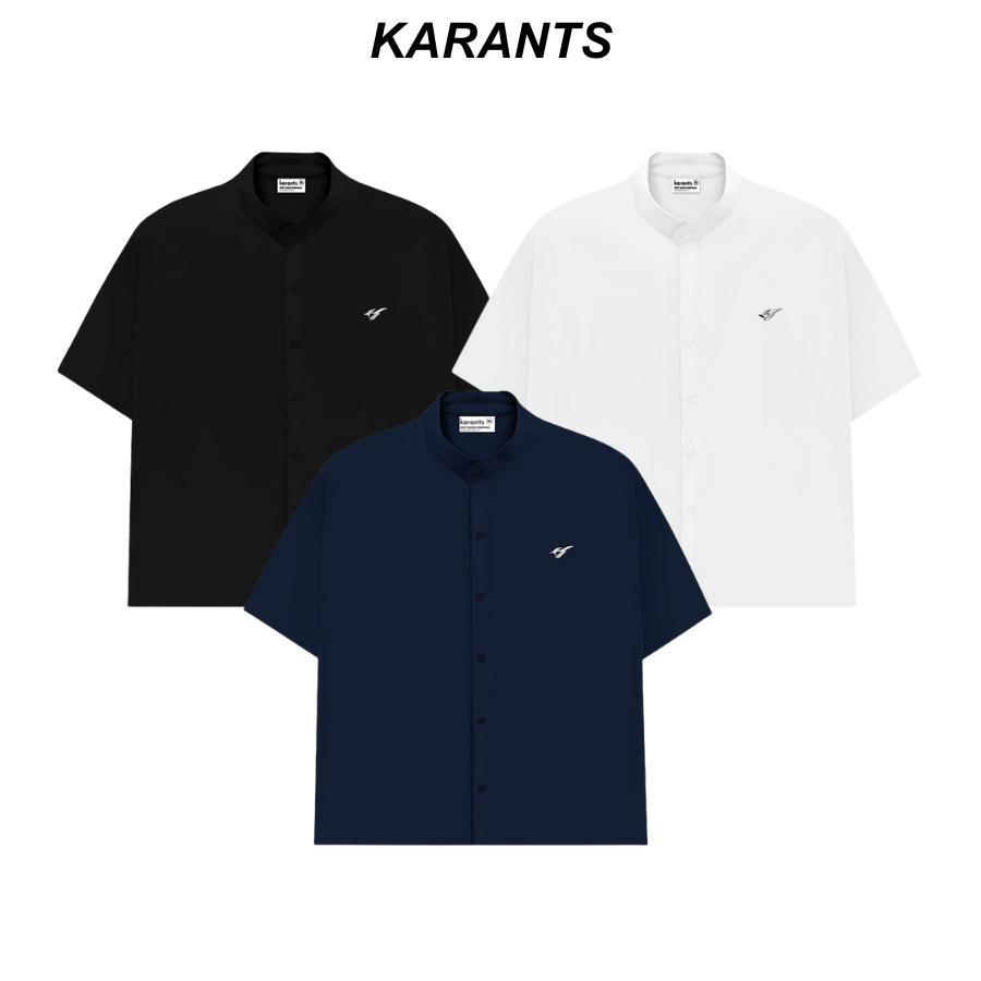 Karants เสื้อเชิ้ตสีพื้น คอจีน โลโก้โลหะ ทรงบ็อกซี่ ผ้าคอตตอนเย็น เกรดพรีเมียม สำหรับผู้ชายและผู้หญิ