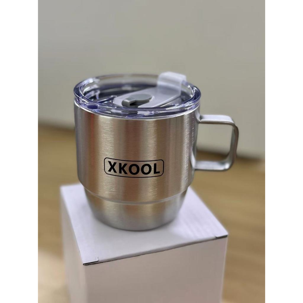Xkool แก้วกาแฟ แก้วแบบมีหูจับ ขนาด 10oz/300ml สีพื้น เก็บอุณหภูมิความเย็น,ร้อน สแตนเลส304ไม่มีรอยต่อ