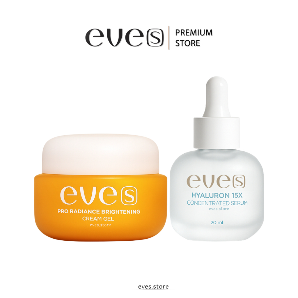 EVES เซตคู่ผิวอิ่มฟู ดูเด้ง อีฟส์ ครีมเจล เซรั่มไฮยา ครีมบำรุงผิวหน้าขาวใส ให้ผิวขาว สว่าง กระจ่างใส ผิวนุ่มชุ่มชื่น