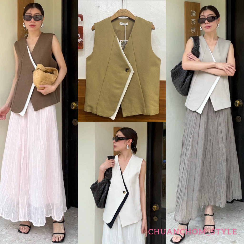🔖StudioX2 #1037 Vneck Vest Suit เสื้อเวสสูทแขนกุด คอวี เล่นดีเทลขอบ2ชั้น คัตติ้งผ้างานสูทอย่างดีและใส่รองซับทั้งตัว