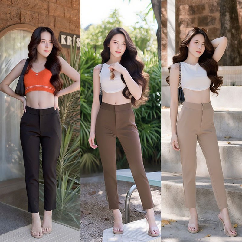 สุภาพสตรี Slim Fit Elegant Casual กางเกงเก้าส่วนสไตล์เกาหลีแฟชั่นตรง