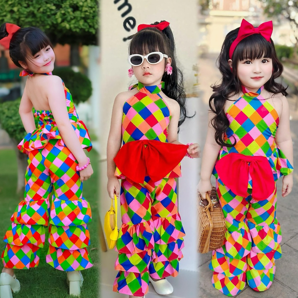 (รหัสKk)ชุดเซ็ตเด็กหญิง เซ็ต2ชิ้น เสื้อ+กางเกง แถมโบว์ผูกผม ดีเทลขา3ชั้น ใส่ทำกิจกรรมน่ารัก #แหยม #เจ้ย