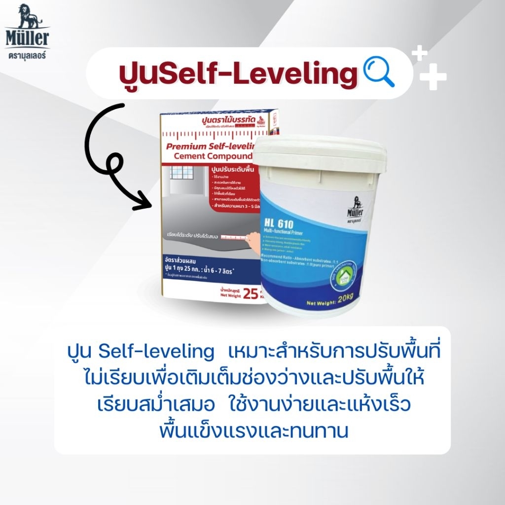 มุลเลอร์ ปูนปรับระดับพื้นชนิดไหลตัว 25กก.(Self-Leveling เซลฟ์-เลเวลลิ่ง) / น้ำยาทารองพื้นสำหรับปูนปรับระดับ 5 หรือ 20กก.