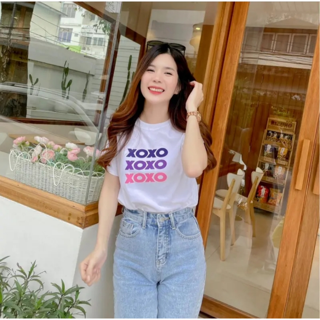 เสื้อยืดผ้าคอตตอนนิ่ม xoxo ขาว-ดำ มินิมอลสไตล์