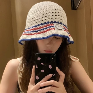 พร้อมส่งในไทย หมวกบักเก็ต ไหมพรมถัก ระบายอากาศ ตัดขอบลาย สไตล์เกาหลีขนาด 55-58ซม.