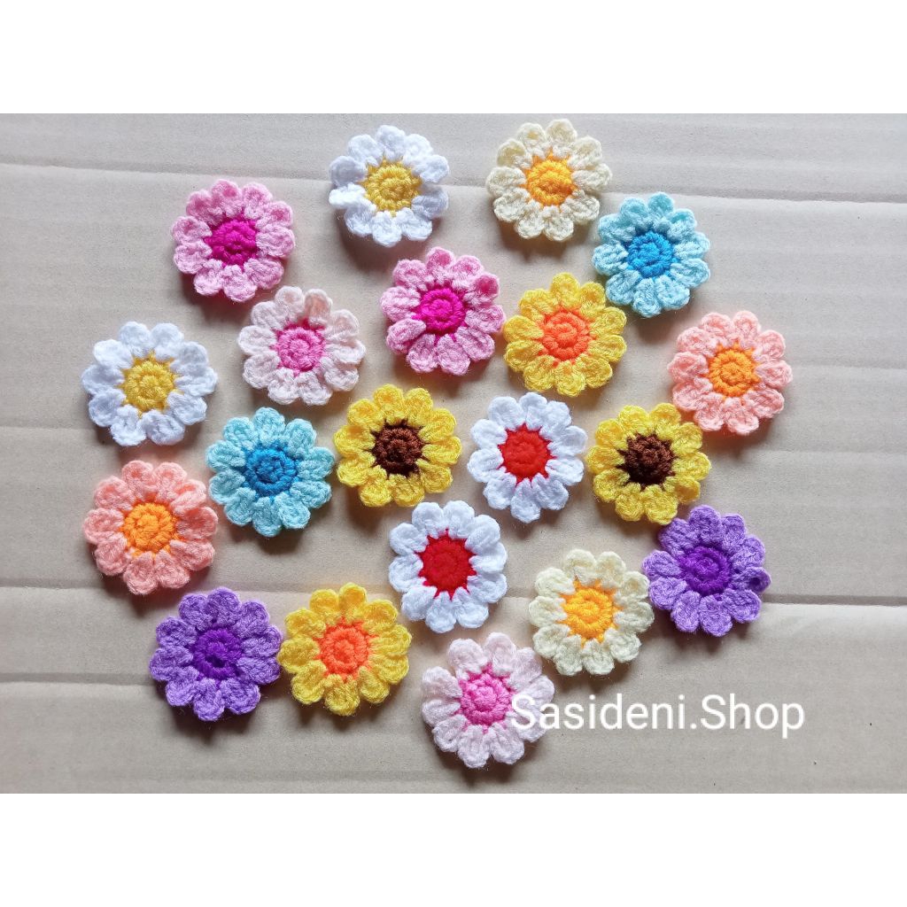 🌼5 ชิ้น🌻ดอกไม้ถักไหมพรม ดอกไม้โครเชต์ 4.5 cm