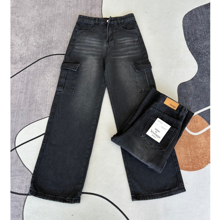 กางเกงยีนส์คาร์โก้ สีดำเฟดเทา ป้ายVintage  ผ้าไม่ยืด #9003