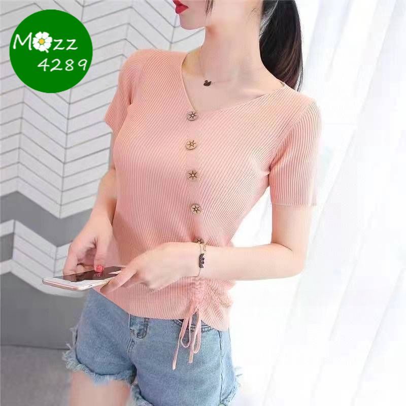 MQzz4289 *พร้อมส่ง* เสื้อไหมพรมคอวี แขนสั้นใหม่ แต่งกระดุมด้านหน้า หลากสี สวยหวาน Freesize