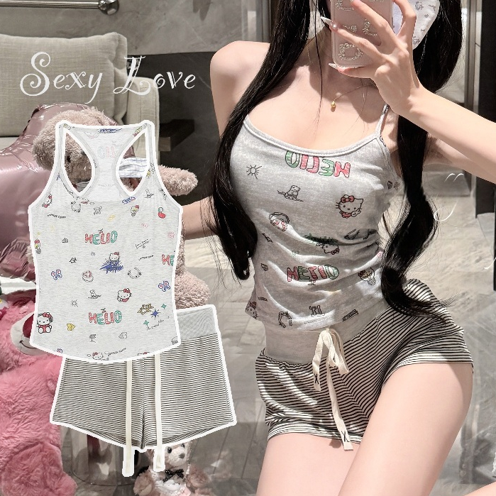 💗Sexy Love💗เซตชุดนอน ชุดนอนสตรี ชุดอยู่บ้าน ใส่สบาย ผ้าฝ้าย สายเดี่ยว ลายการ์ตูน ลายดอกไม้ น่ารัก ผ้าใส่สบาย ส่งจากไทย