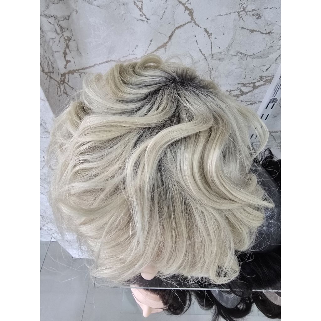 วิกติดกาวพียู วิกผู้ชาย ผมแท้100% สีทูโทน สีบลอนด์ทองโคนดำ Skin PU Blonde Human Hair System