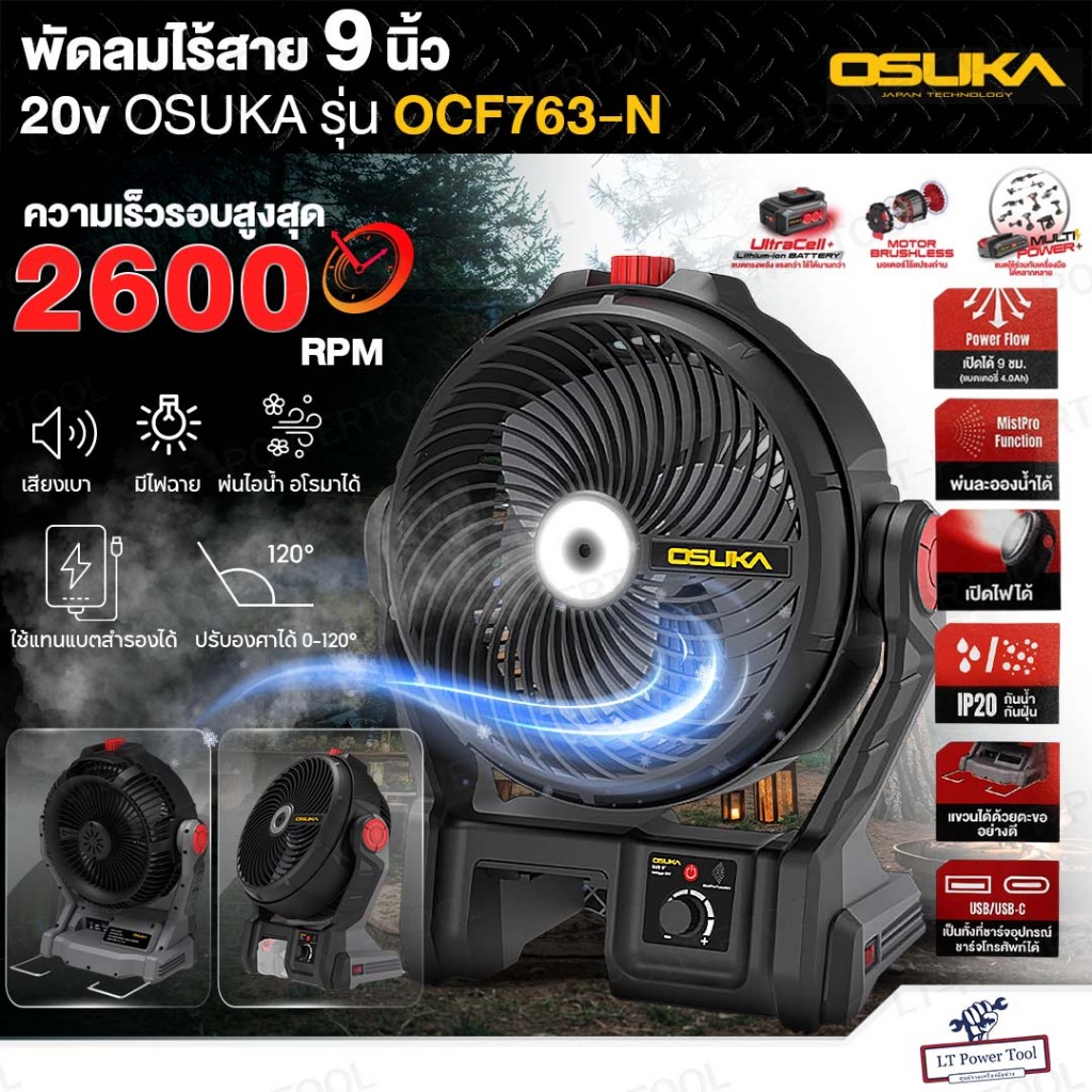 OSUKA พัดลมไร้สาย 9 นิ้ว 20V รุ่น OCF763-N (เฉพาะตัวเปล่า) พ่นละอองน้ำได้ | พัดลมพกพา พัดลมแบตเตอรี่