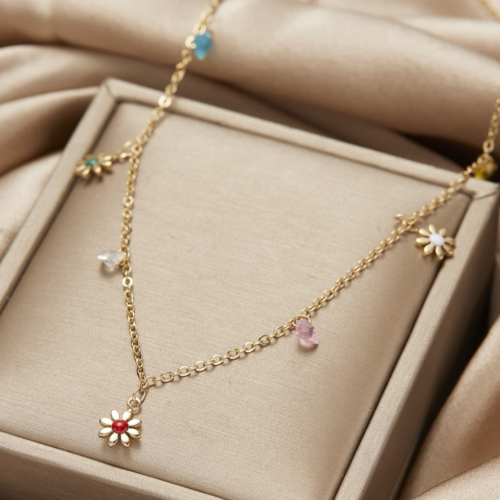 PSS สร้อยคอโซ่สีทอง จี้ดอกเดซี่ & หัวใจหลากสี สร้อยเดซี่