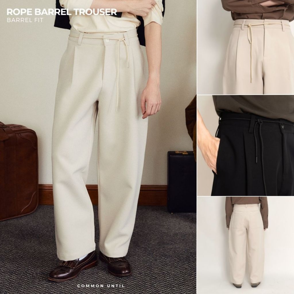 Common Until - Rope Barrel-leg Trousers (Cream / Black) กางเกงทรงบาเรล กางเกงขายาว ทรงขาบอลลูน