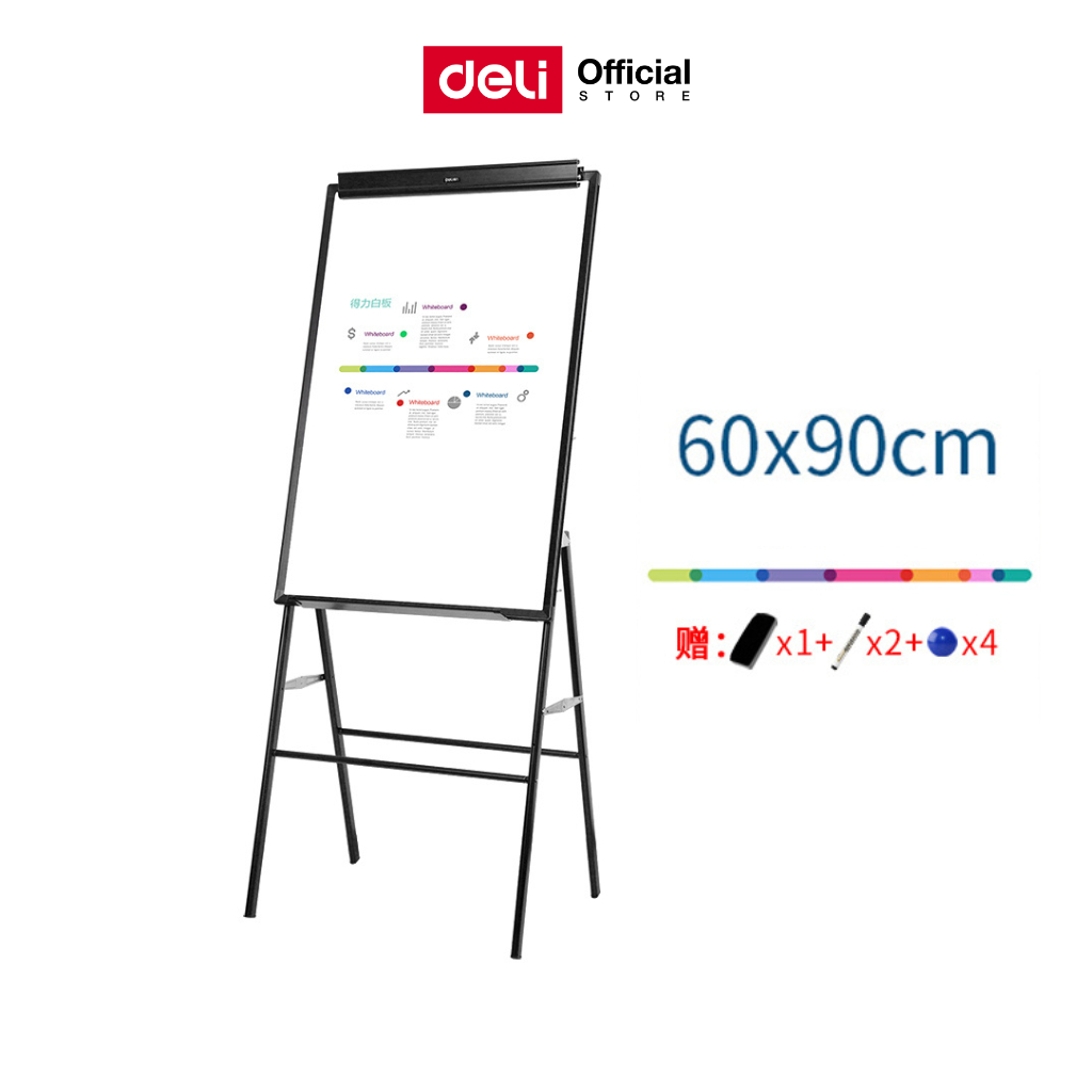 Deli กระดานฟลิปชาร์ท กระดานไวท์บอร์ด 4 ขา ขนาด 60×90cm พร้อมอุปกรณ์ใช้งาน เหมาะสำหรับออฟฟิศ