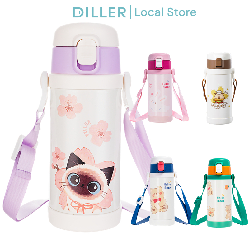 Diller Kids กระติกน้ำเก็บความร้อนแบบมีหลอดดูด สายคล้อง Tritan ป้องกันการรั่วซึม ปราศจาก BPA ขนาด 350 มล. รุ่น D9091