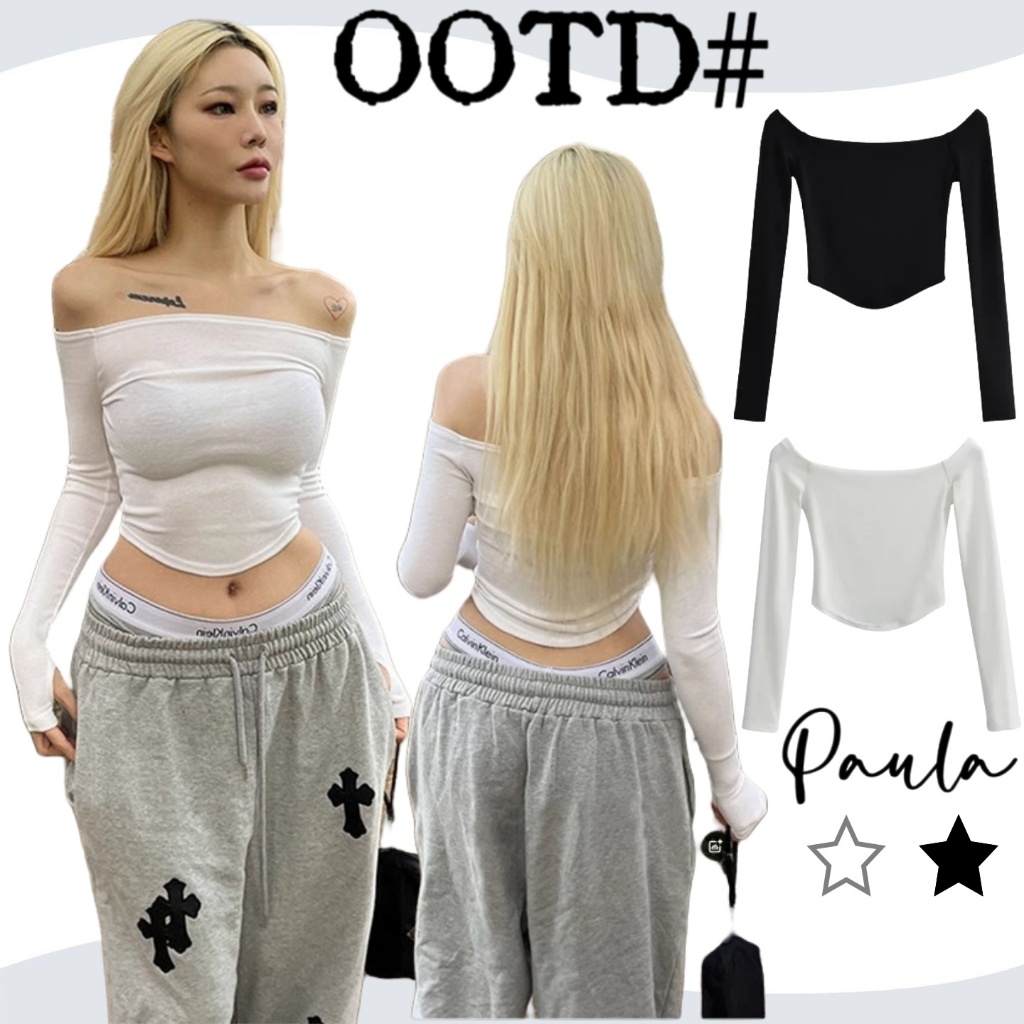 Paula พร้อมส่ง เสื้อครอปหญิง เสื้อรัดรูปแขนยาว สีขาวเสื้อเปิดไหล่ เซ็กซี่ สไตล์ยุโรปและอเมริกา ทรงเข้ารูป ราคา ถูกที่สุด ดีลบีเคเค รูปภาพหลัก