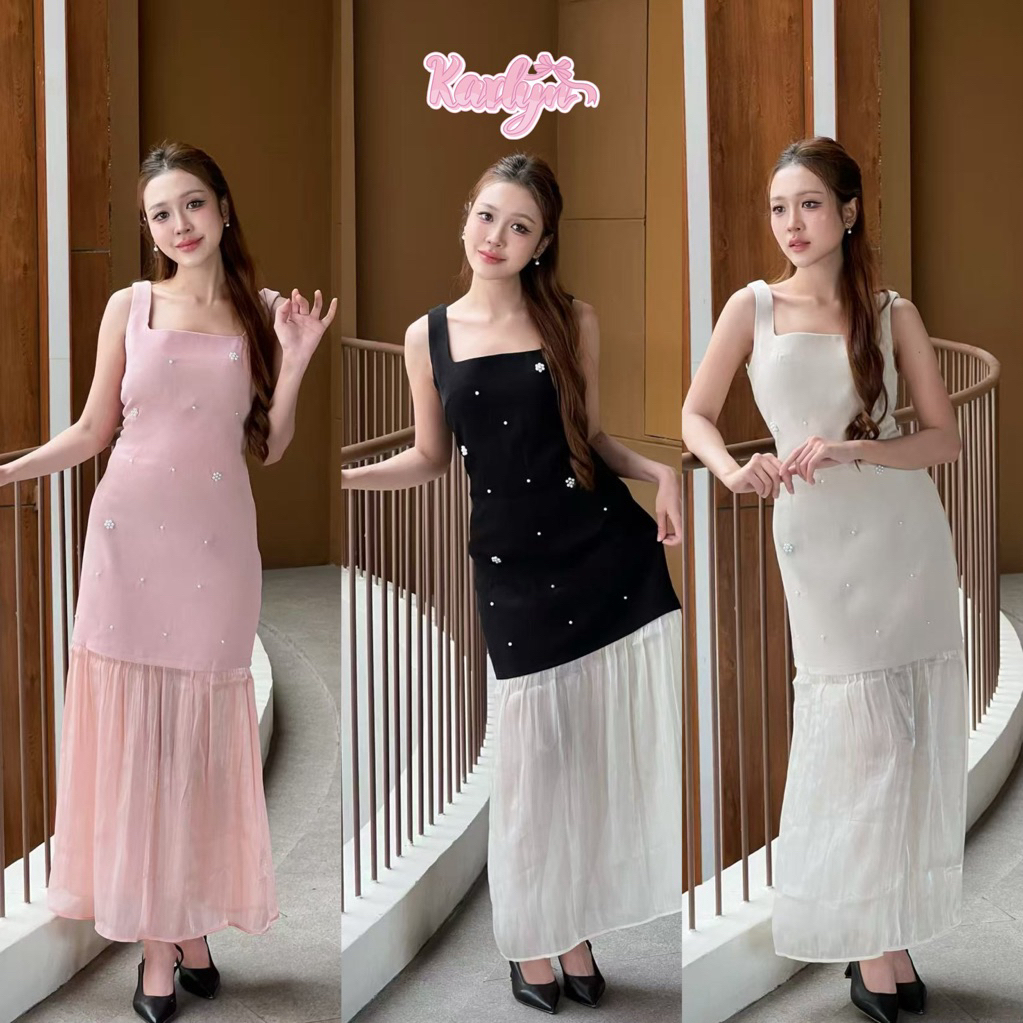 【Karlyn】FZ-CC-H80# ชุดเดรสสายเดี่ยวคอเหลี่ยม แต่งระบายยาว  ปักดอกทั้งตัว สวยเก๋มาก