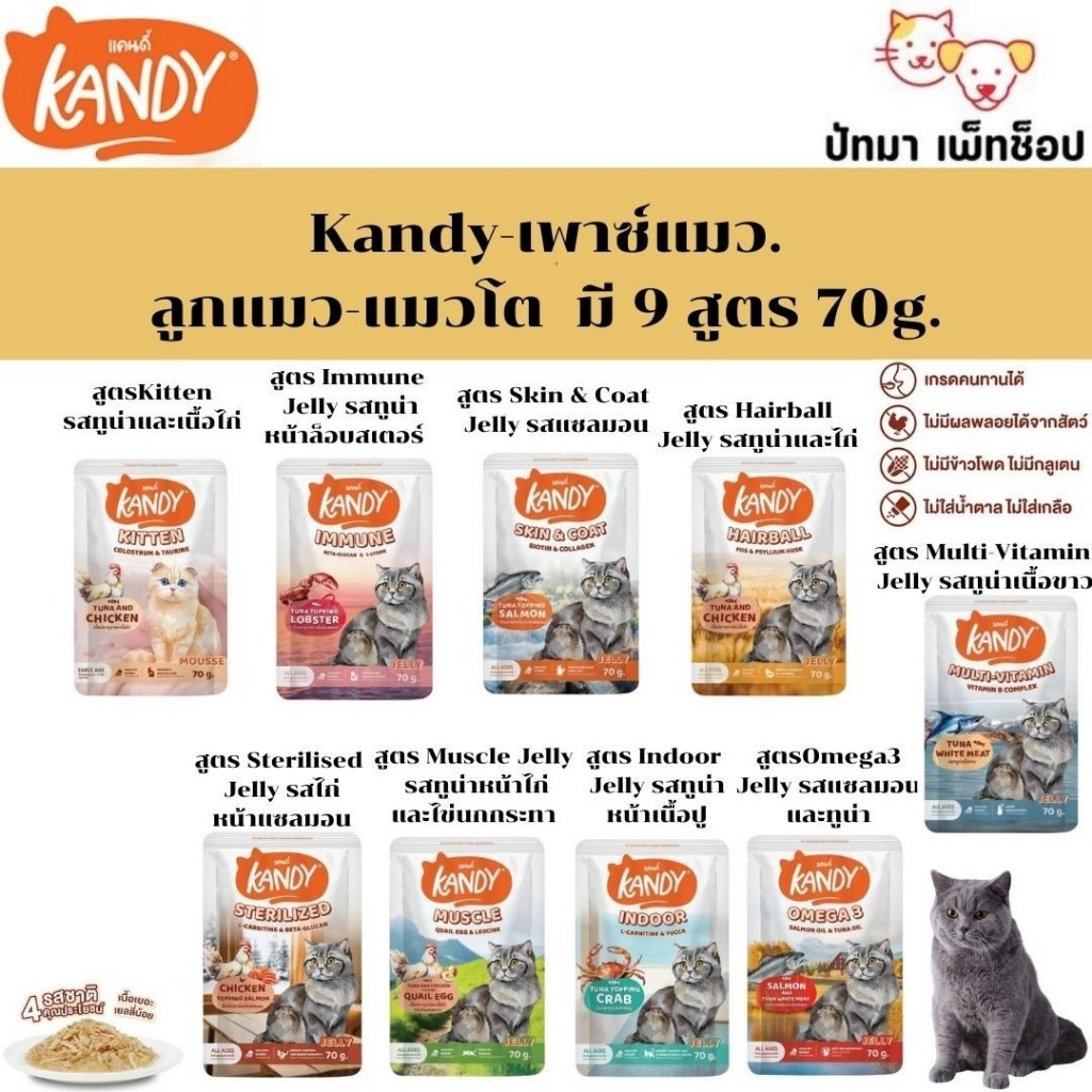 (1 ซอง) Kandy-เพาซ์แมว. (ลูกแมว-แมวโต)  มี 9 สูตร 70g.