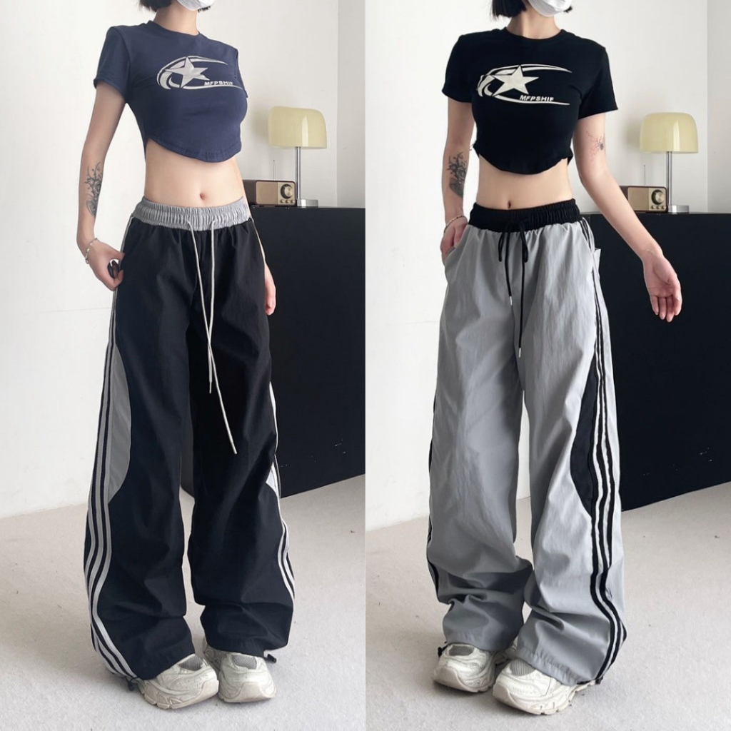 กางเกงคาร์โก้ขายาว S-8XL เอวสูงเอวสม็อคมีเชือกรูดข้อเท้า ดีไซน์แต่งแถบข้าง