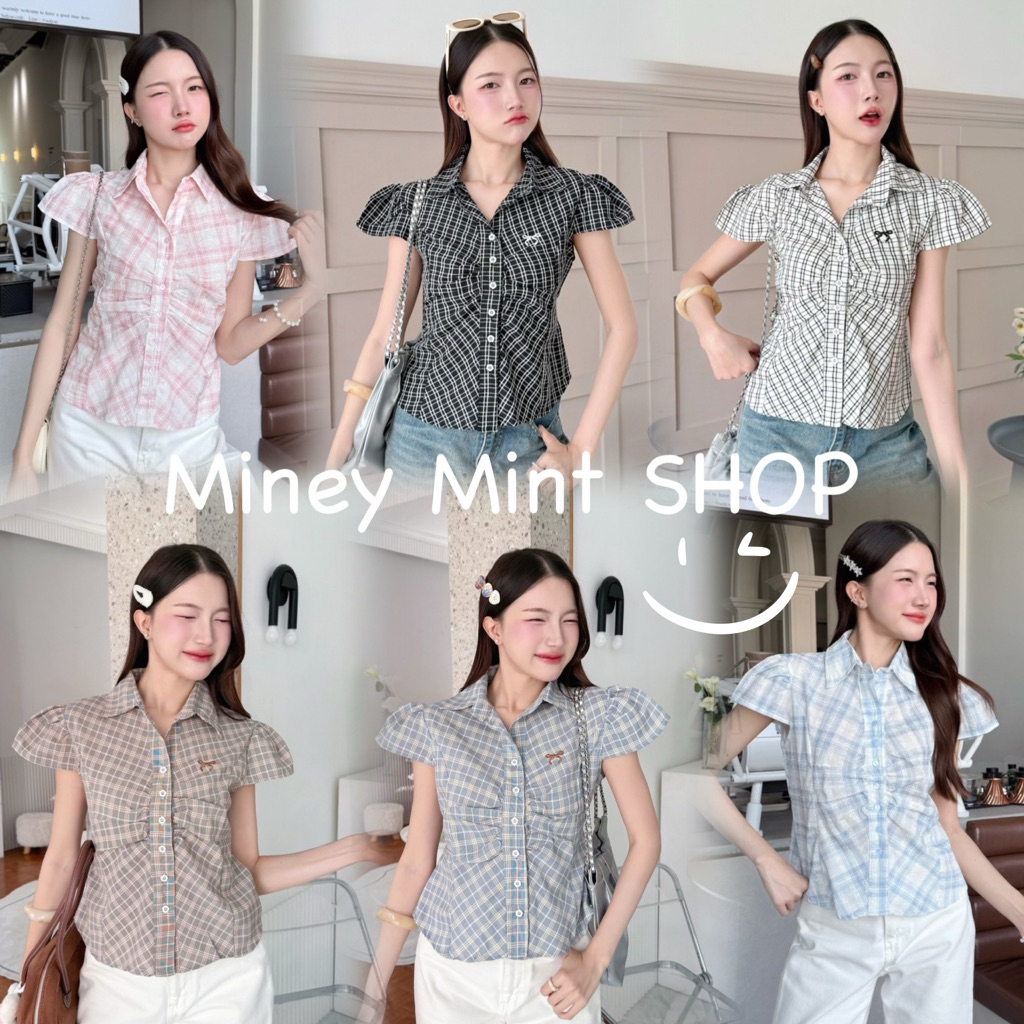 miniminey🎀 เสื้อคอปกกระดุมหน้า แต่งจั้มตรงกลาง งานปักโบว์น่ารักๆ