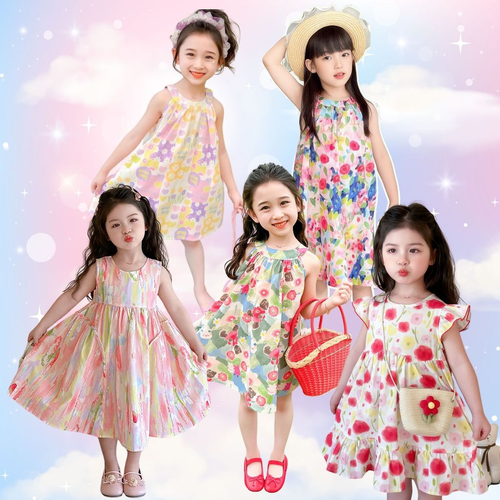 ใหม่มาแรง ชุดเดรสเด็กผู้หญิง ลายดอกไม้น่ารัก แฟชั่นฤดูร้อนดอกไม้สีสันสดใส ชุดเดรสคุณหนู สไตล์หวานๆ เสื้อผ้าเด็กผู้หญิง