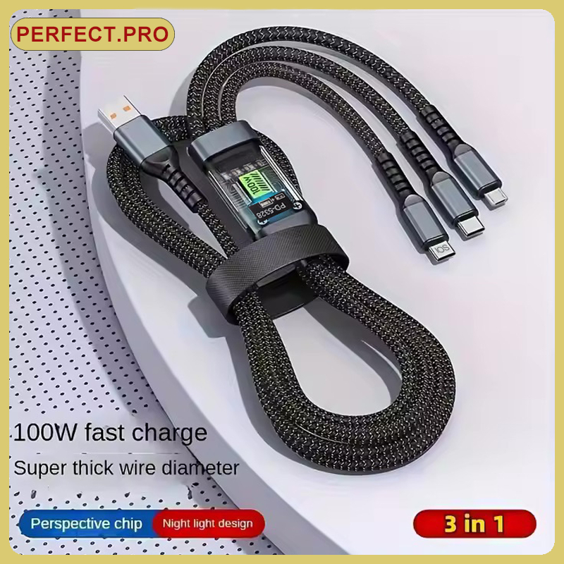 สายชาร์จเร็ว 100W สายชาร์จ 3 หัว 120ซม. สำหรับมือถือ/แท็บเล็ต หัวชาร์จเร็ว