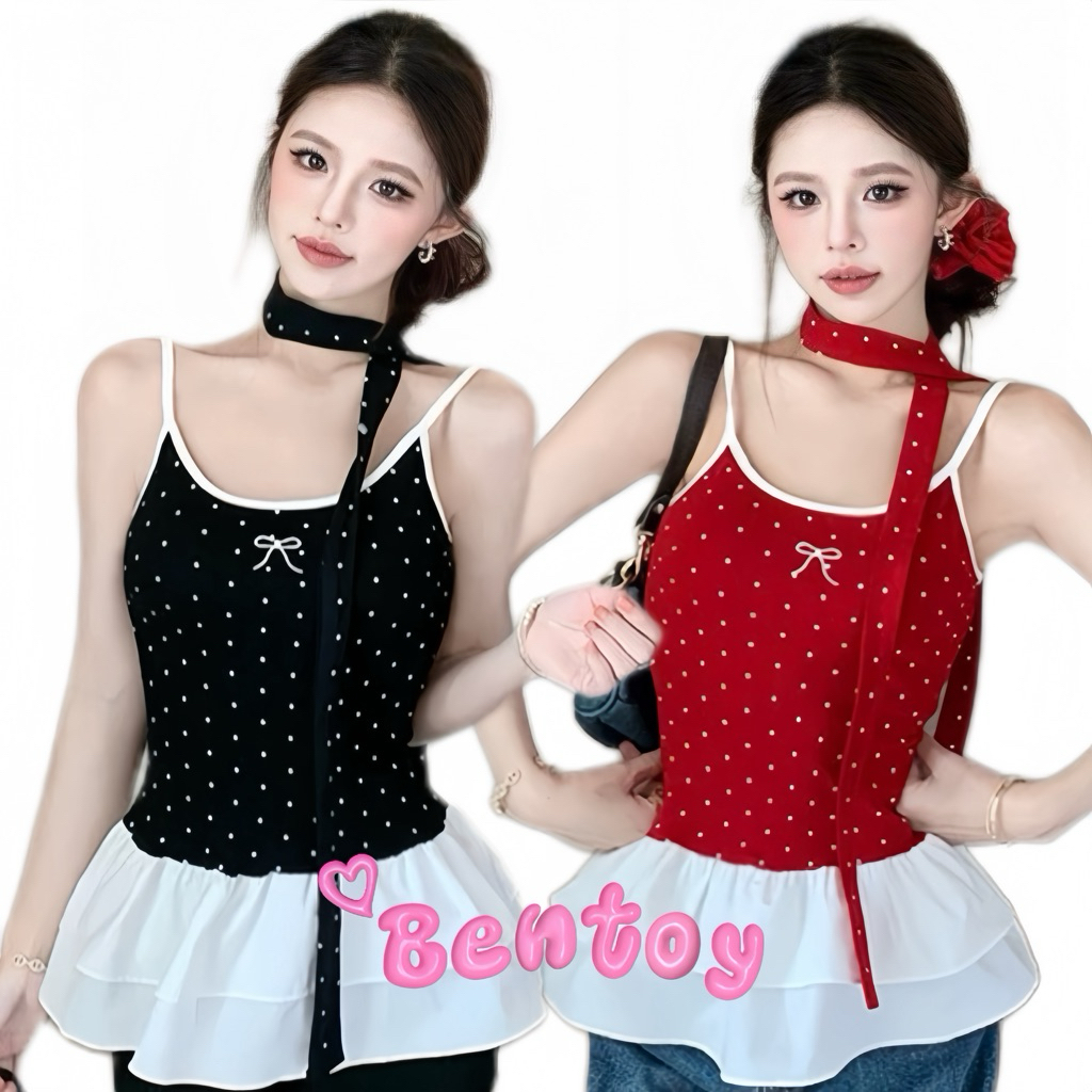 Bentoy(bratop5503)เสื้อสายเดี่ยวเสริมฟองน้ำในตัว ระบายจีบสวย ลายจุด แถมสายห้อยคอ ใส่สบายไม่อึดอัด