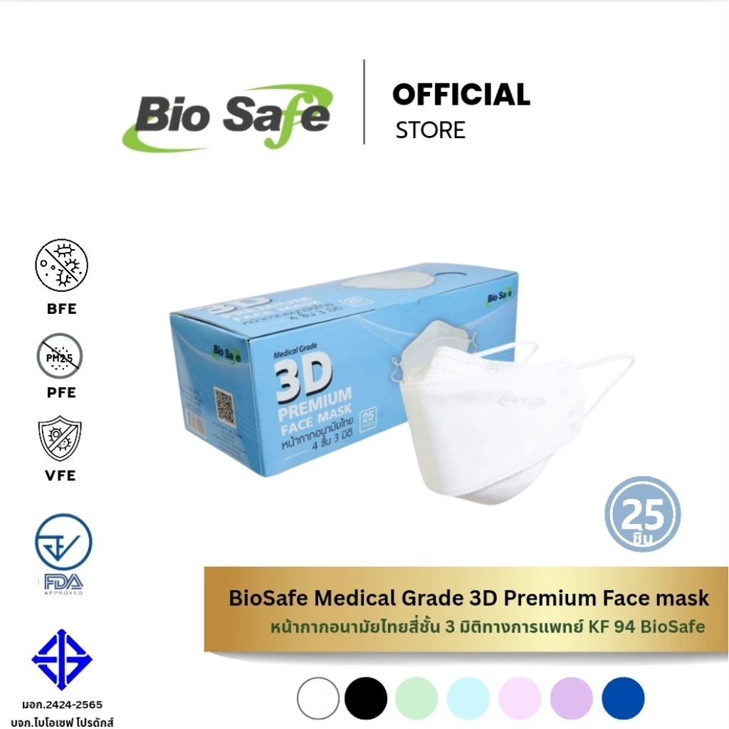 หน้ากากอนามัย 3 มิติ กันฝุ่น PM2.5 เชื้อโรค เกรดแพทย์ กล่อง 25 ชิ้น | 3 D Premium KF 94 BioSafe