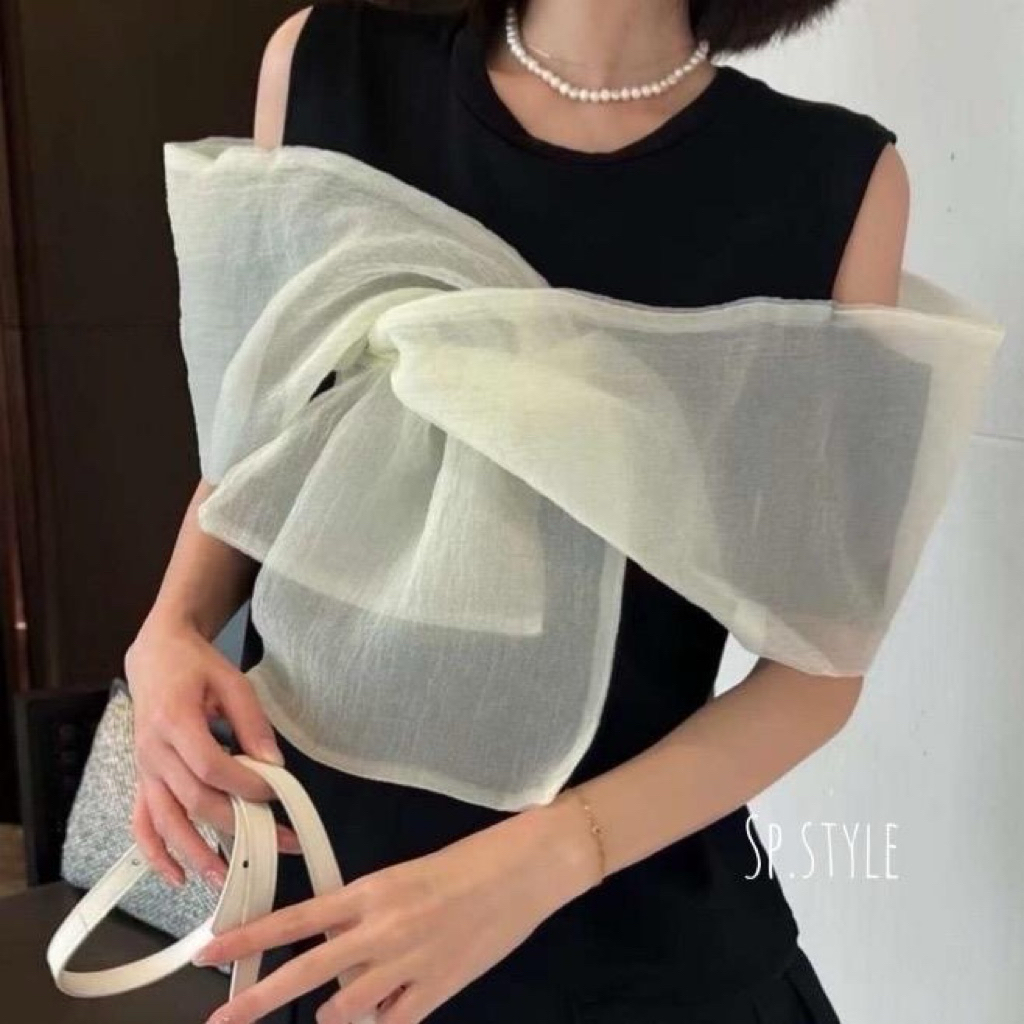 เสื้อคอกลมแต่งโบว์ด้านหน้าใส่ออกงานสวยๆ งานนำเข้าน่ารักมาก GI44 ราคา ถูกที่สุด ดีลบีเคเค