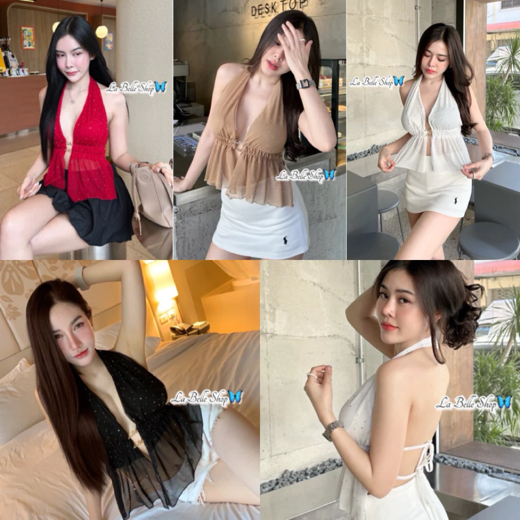 💕ShopBypuy💕เสื้อแหวกหน้าผ้าซีทรูวิ้งๆคล้องคอผูกหลัง🔥เข้าครบสี🔥💎แต่งอะไหล่ตรงอก💎