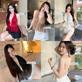 💕ShopBypuy💕เสื้อแหวกหน้าผ้าซีทรูวิ้งๆคล้องคอผูกหลัง🔥เข้าครบสี🔥💎แต่งอะไหล่ตรงอก💎