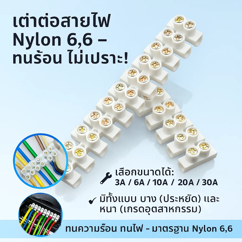 Haloshi SLW เต้าต่อสายไฟ Nylon 6,6 ทนความร้อน ไม่เปราะ 3A 6A 10A 20A 30A แบบบางและหนา ใช้งานง่าย แข็
