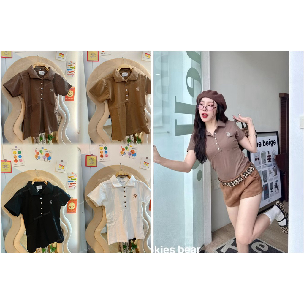 ❌SALE❌Cookies Bear 🧸 new เสื้อเชิ้ตโปโลแขนสั้นผ้ายืดยูนิโคล่ เนื้อผ้าหนาสีพื้น งานทรงอกโค้ง ปักอก