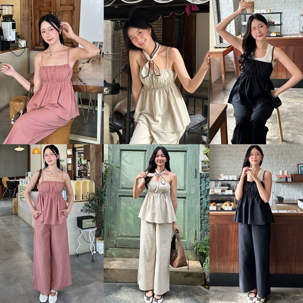 KORRA ·͜·♡ชุดเชตเสี้อสายเดี่ยว+กางเกง🤎ผ้าลินิน✨สายปรับได้มาพร้อมกับกางเกงมีกระเป๋าล้วงสองข้าง📸🌻