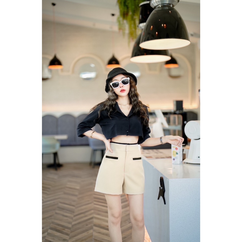 B0035  Beer&Oil กางเกงขาสั้นเอวสูง ผ้าไมโคร งานตะขอหน้า กระเป๋าเจาะทูโทน ใช้งานได้จริง