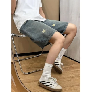 1729-NEWSIZE/XS-8XLกางเกงยีนส์สีสนิมลายดาว3ส่วนเอวกลางผ้านุ่มใส่สบายใส่ได้ทั้งชายละหญิง