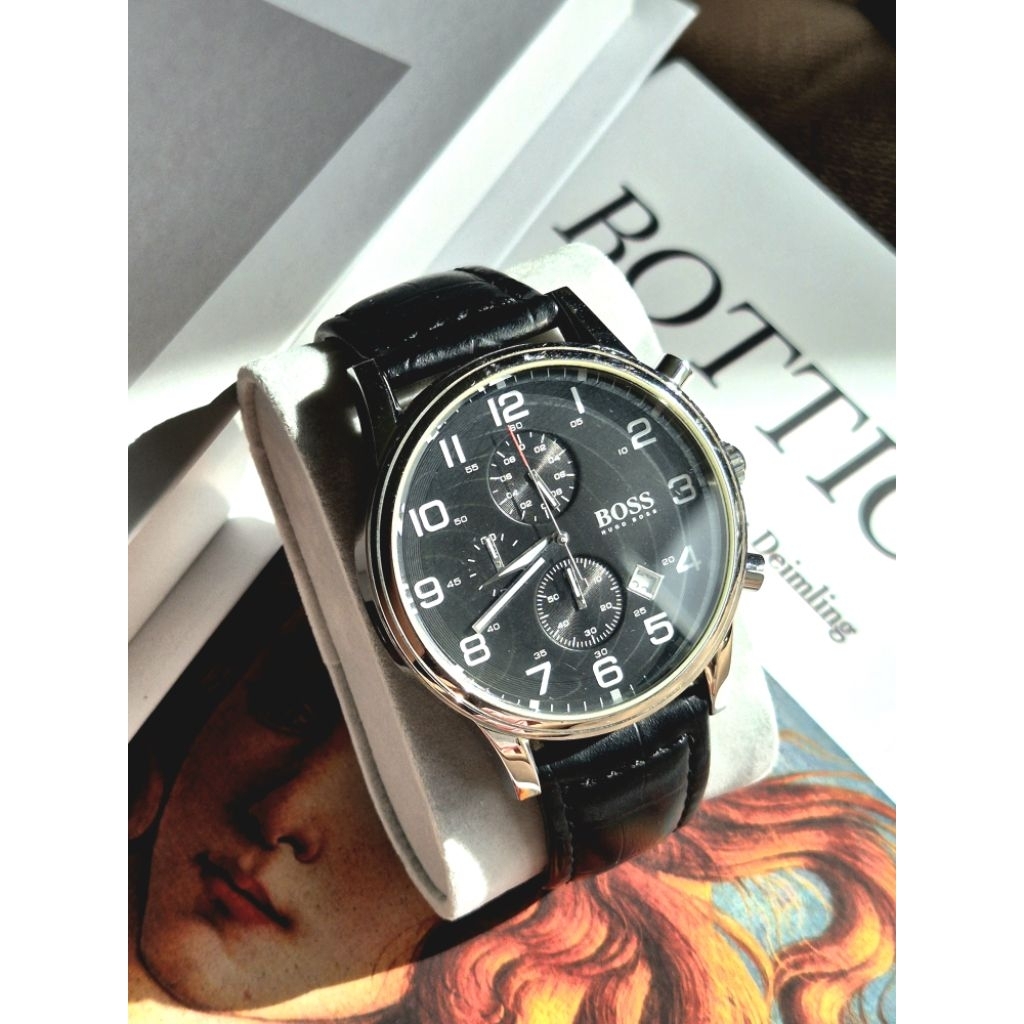 SALE🔥 HUGO BOSS Chrono นาฬิกาผู้ชาย แท้ 💯 มือสอง หน้าปัด สายหนังสีดำ สภาพสวย