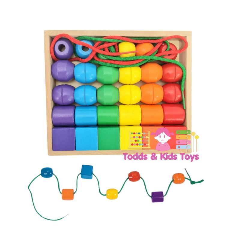 ของขวัญวันเกิด Todds & Kids Toys ของเล่นไม้เสริมพัฒนาการ ลูกปัดรูปทรง ลูกปัดทรงเรขาคณิต ร้อยเชือก (2