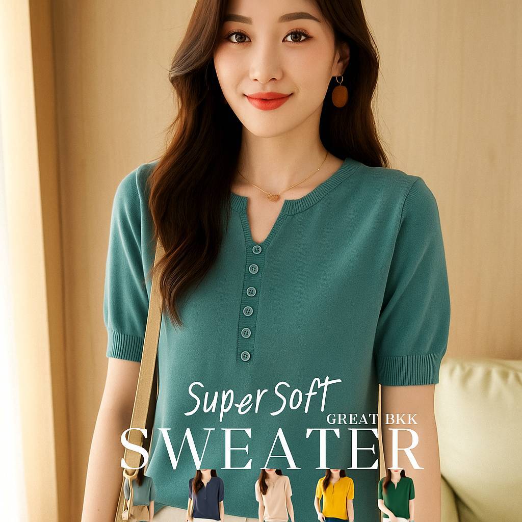 มีไซต์ พร้อมส่ง ✨ เสื้อไหมพรม คอกลมแขนสั้น เนื้อนิ่ม งานป้าย Great BKK  สเวตเตอร์แบบใหม่ [ เสื้อคอกลม-กระดุมแถว ]
