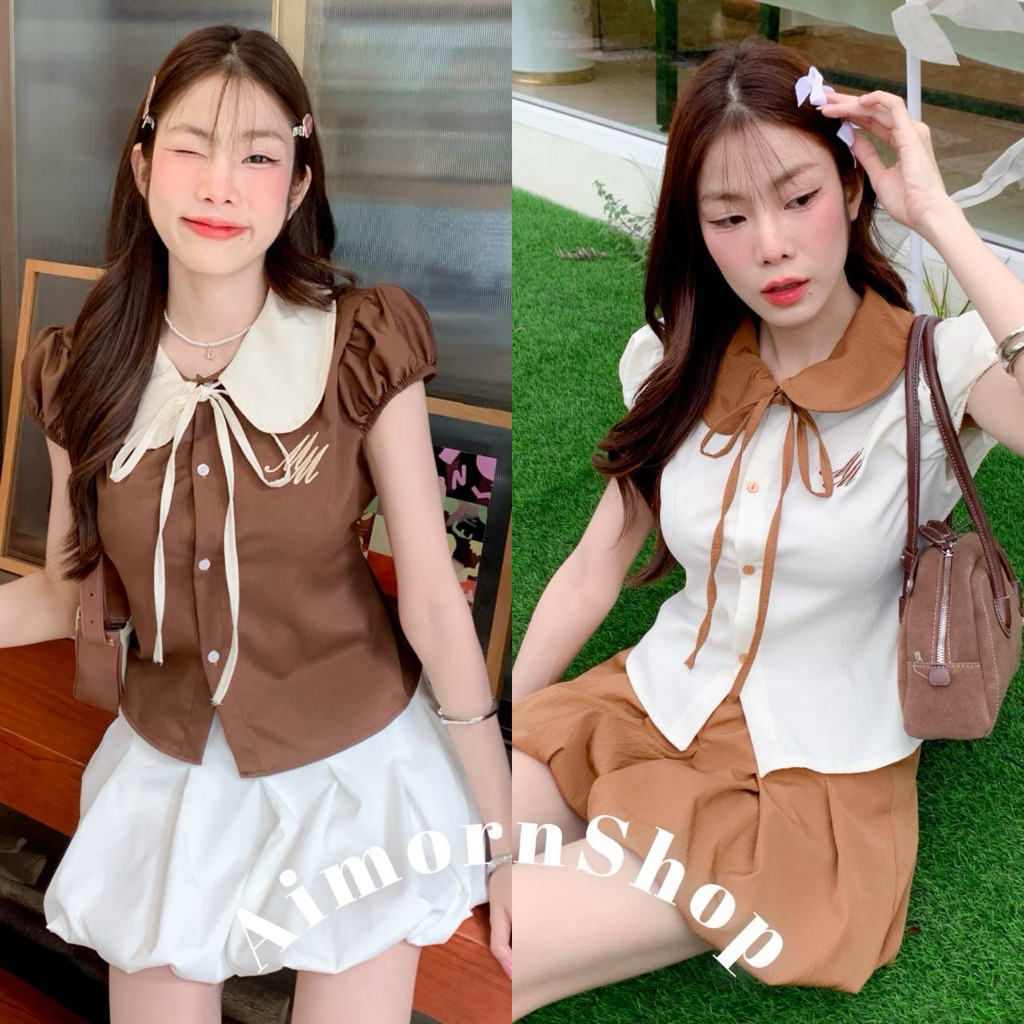 🔥aimorn_shop🔥🌈เสื้อแขนตุ๊กตา ทรงคอบัวผูกโบว์ กระดุมใช้ได้จริง มีเชือกผูกหลัง ดีเทลสวยหรูมาก