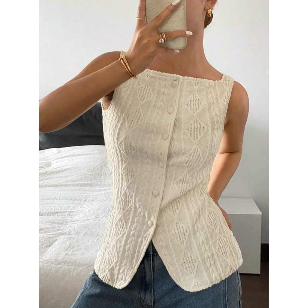 เสื้อกล้ามแขนกุด สีพื้น ติดกระดุมหน้า สำหรับผู้หญิง ลวดลายเรขาคณิต พื้นผิวเนื้อผ้า ทรงสวยเข้ารูป เนื้อผ้าดีมากก