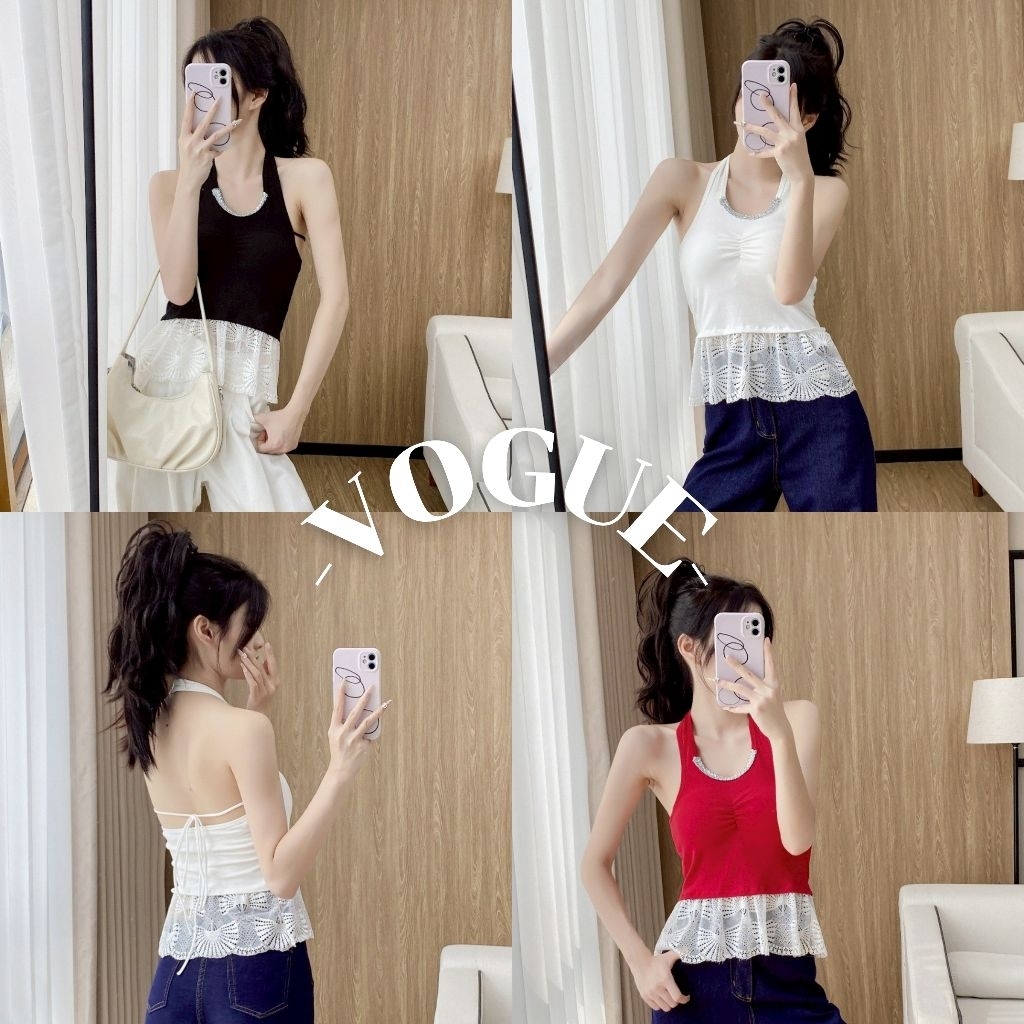 Vogue🌟พร้อมส่ง🌟 เสื้อคล้องคอ มีฟองน้ำในตัว สีพื้น เว้าหลัง (FY9082)
